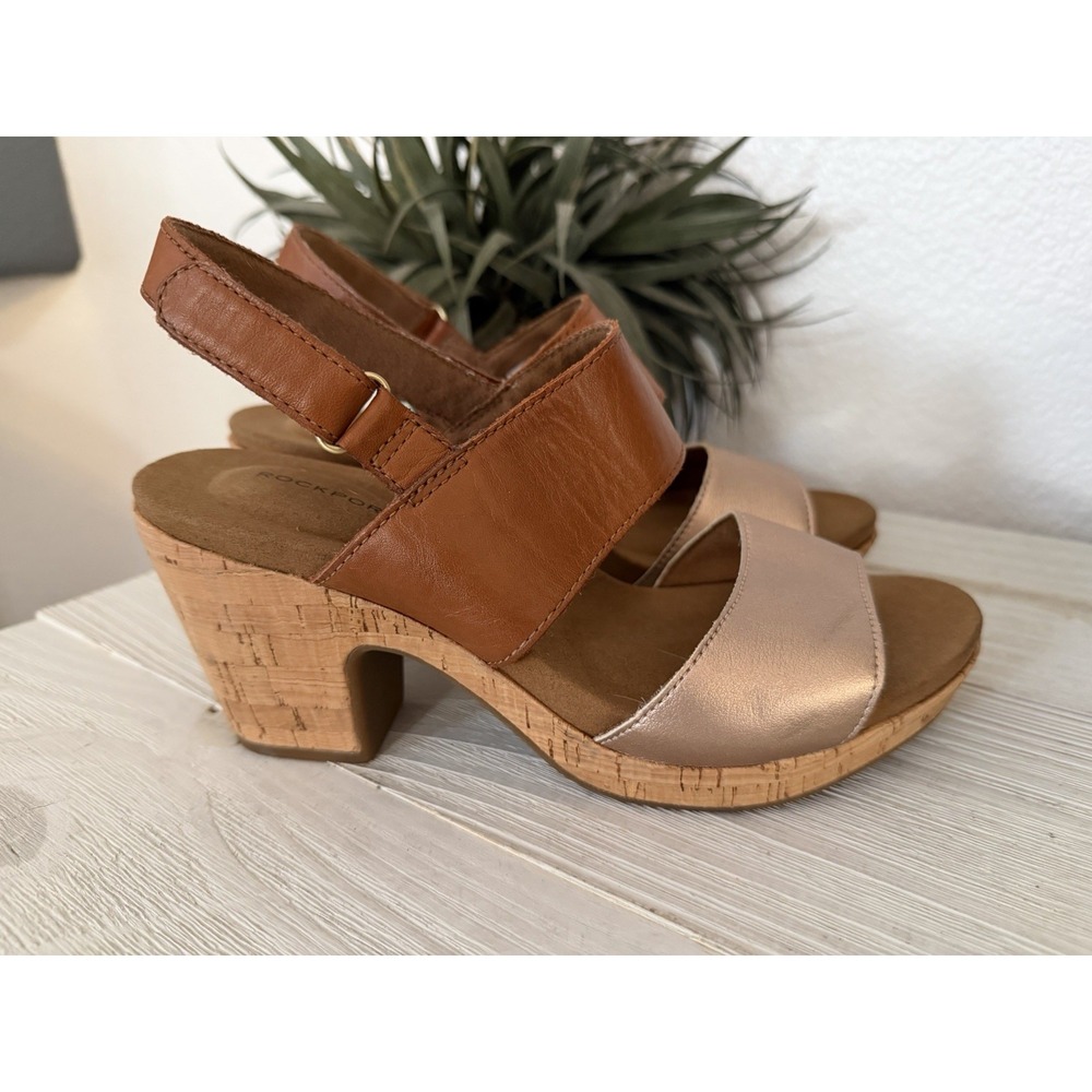 Rockport Open Toe Heeled Sandals Sz 7 Genuine Leather Sandalar Cork Block Heel